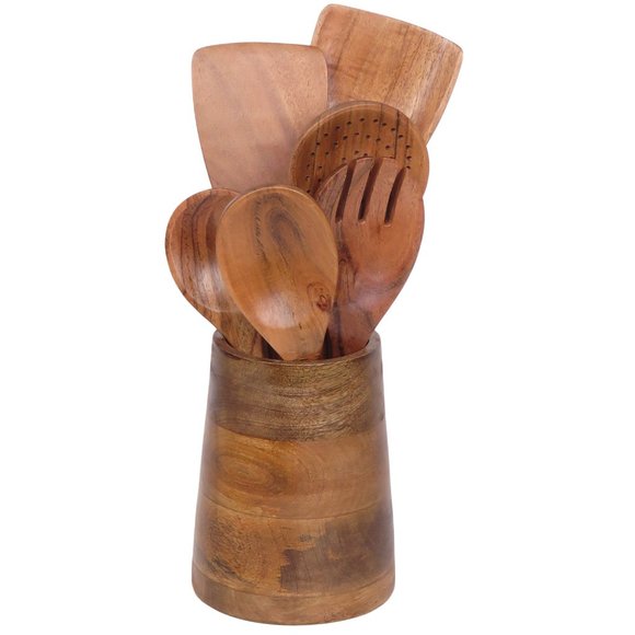 Oussum Cooking Kitchen Utensils Wood 6 Spoons Set Acacia Wooden Spoons & Holder - Picture 1 of 16